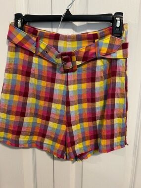 BCBGeneration High-Waist Plaid Shorts with Belt in Yellow, Pink, Blue, Orange